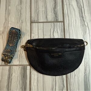 Black Floral Embossed Crossbody Bag with Strap